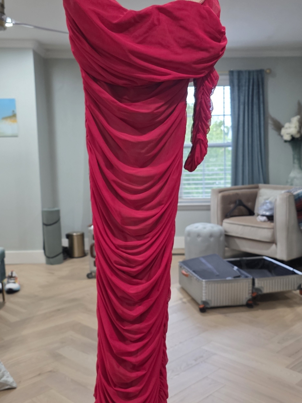 LuxLabel Red Ruched Off-shoulder/one Sleeve Midi Dress